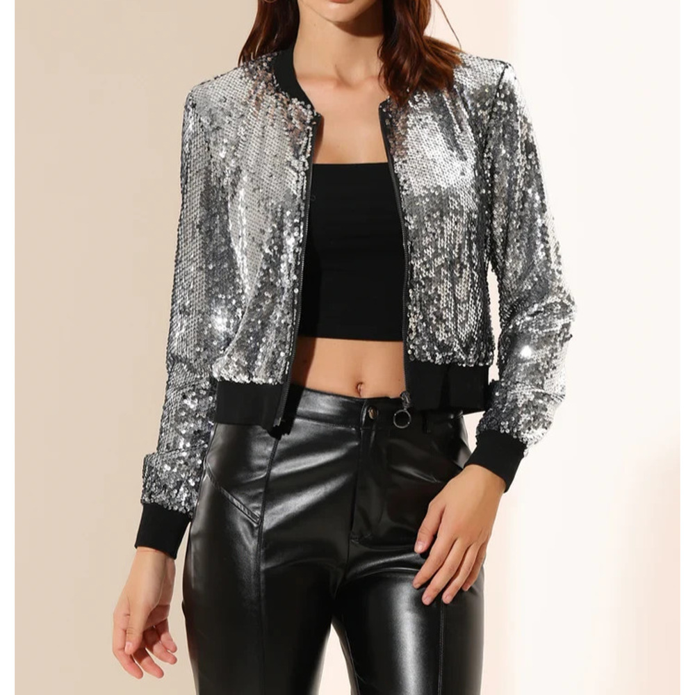 Allegra K Sequin Sparkle Party Long Sleeve Zipper Bomber Jacket Sz Large Cropped
